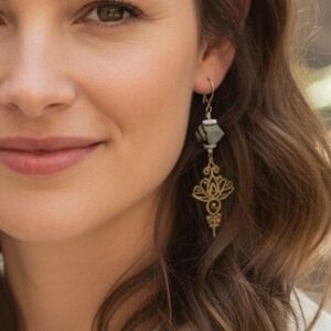 3.25" Jasper Shell Seed Bead Handcrafted Dangle Earrings Unalone Lotus Flower